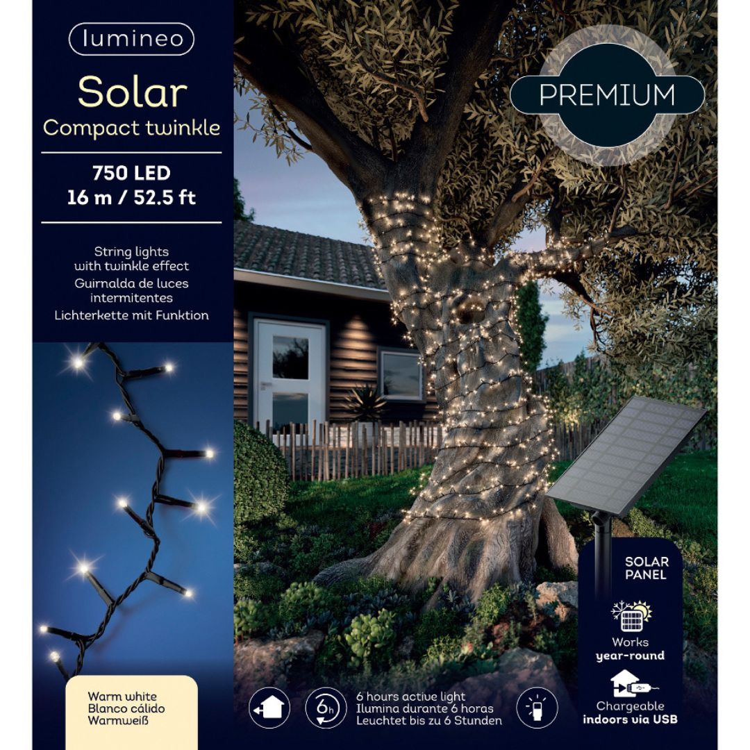 750 LED Solar Compact String Lights – Warm White/Black
